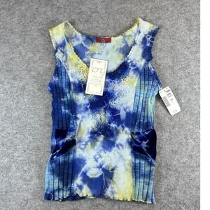 OT Tie Dye Lace Tank Top Womens L Blue Yellow Ribbed Boho Y2K Retro Hippie NWT